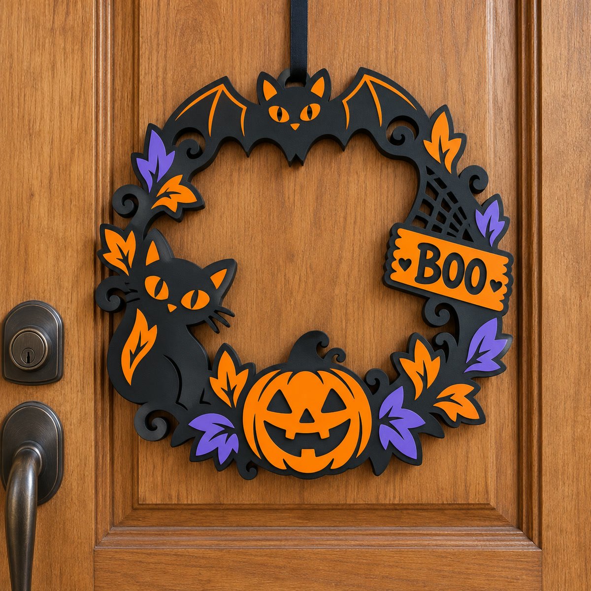 Corona de Halloween para Puerta Calabaza Gato Murciélago - foto 2