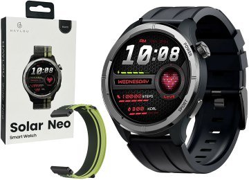 Smartwatch Haylou Solar Neo Sensor Cardiaco Presion Sueno Sp02 Ip68 127 Modos Deportivos Contesta Llamadas 300mah Bluetooth 5.3 Pantalla 1.53 Pulgadas Negro Incluye 2 Pulseras Mallas Negra Y Verde